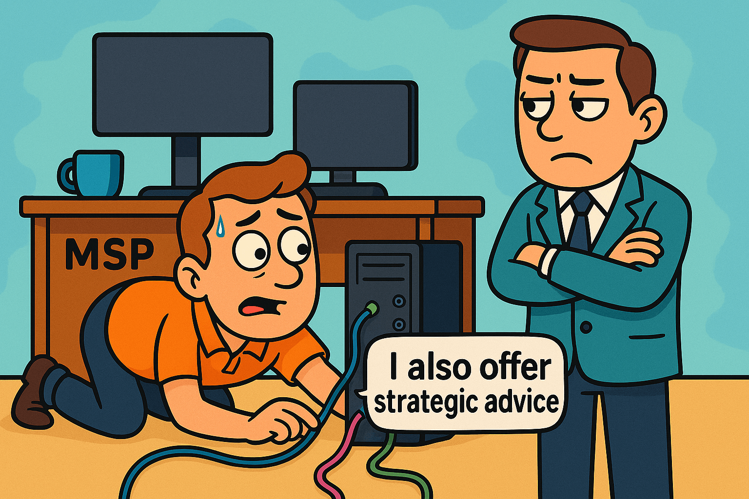 You can't sell a client strategic advice if they see you under a desk plugging in cables